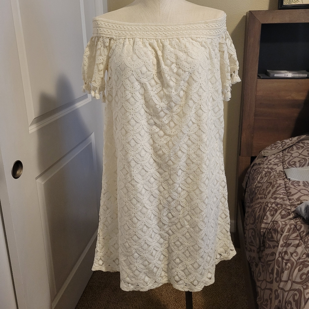 Charming Charlie off white, drop shoulder lace sun dress